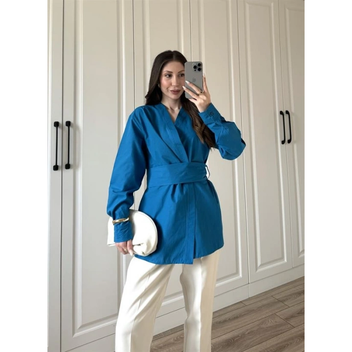 Tasarım Kuşaklı Petrol Mavi Kimono Gömlek