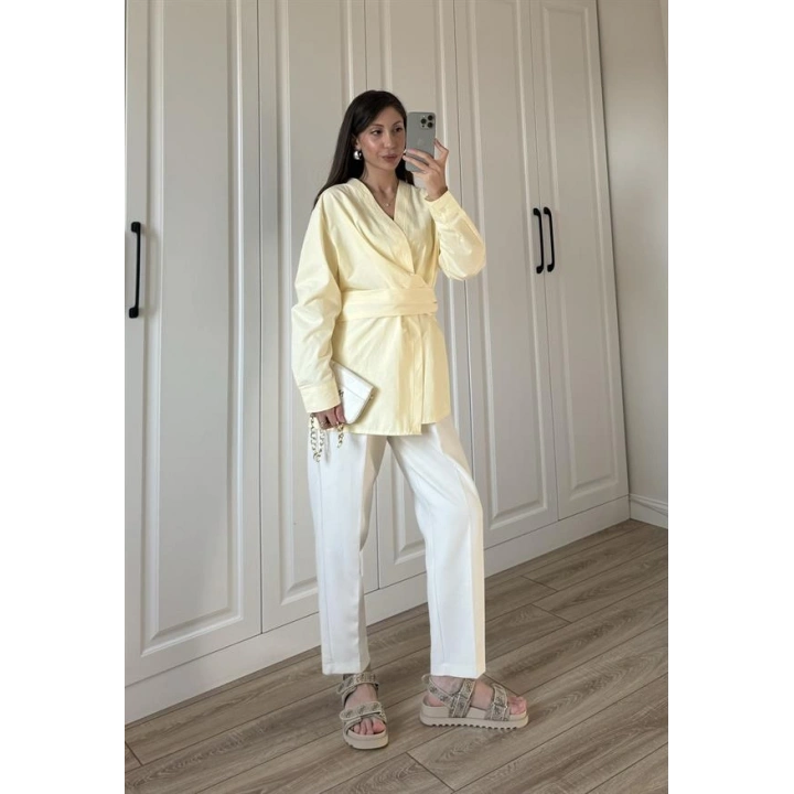 Tasarım Kuşaklı Sarı Kimono Gömlek