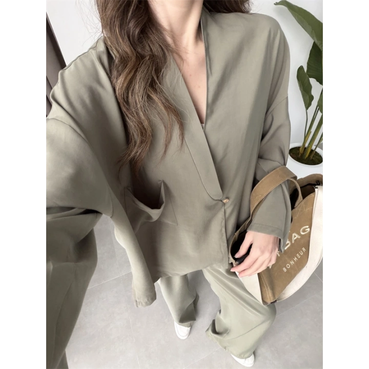 Tek Düğme Oversize Tensel Haki Takım