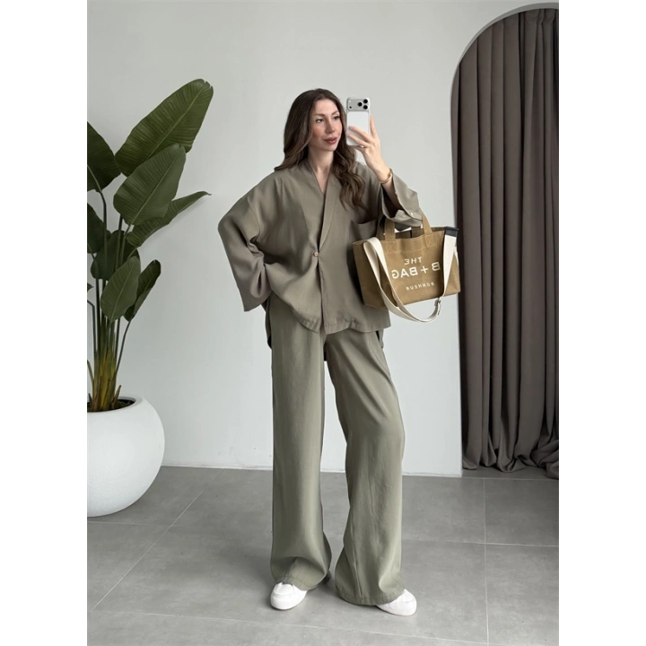 Tek Düğme Oversize Tensel Haki Takım