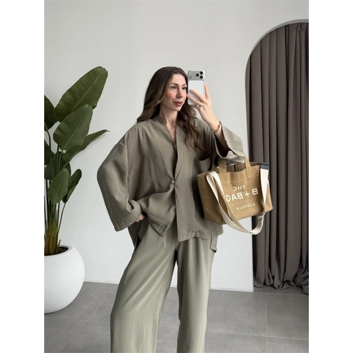 Tek Düğme Oversize Tensel Haki Takım