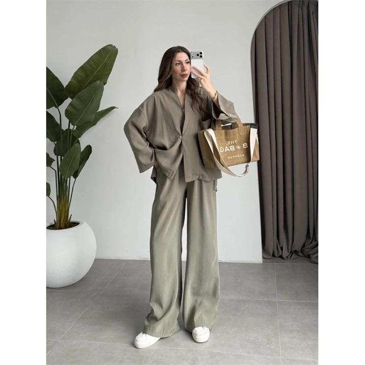 Tek Düğme Oversize Tensel Haki Takım