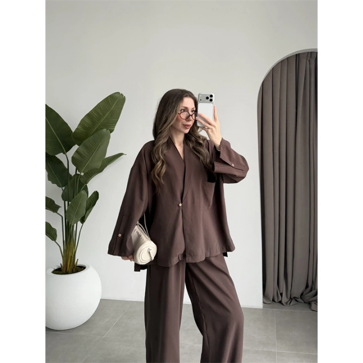 Tek Düğme Oversize Tensel Kahve Takım