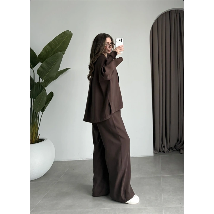 Tek Düğme Oversize Tensel Kahve Takım