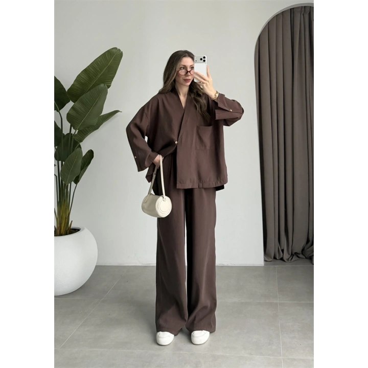 Tek Düğme Oversize Tensel Kahve Takım