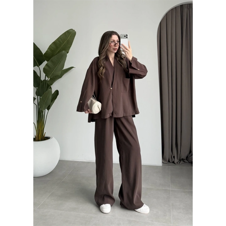 Tek Düğme Oversize Tensel Kahve Takım