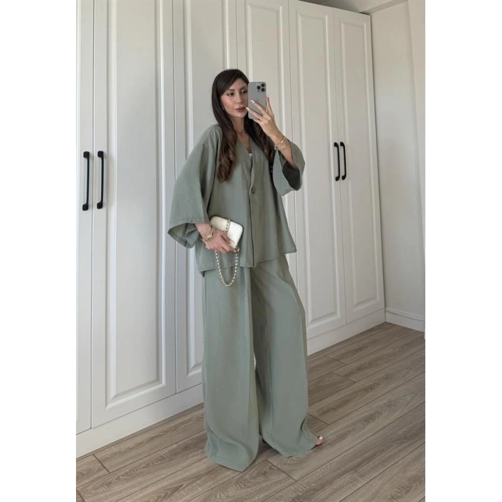 Tek Düğmeli Oversize Mint Yeşili Gömlek Takım