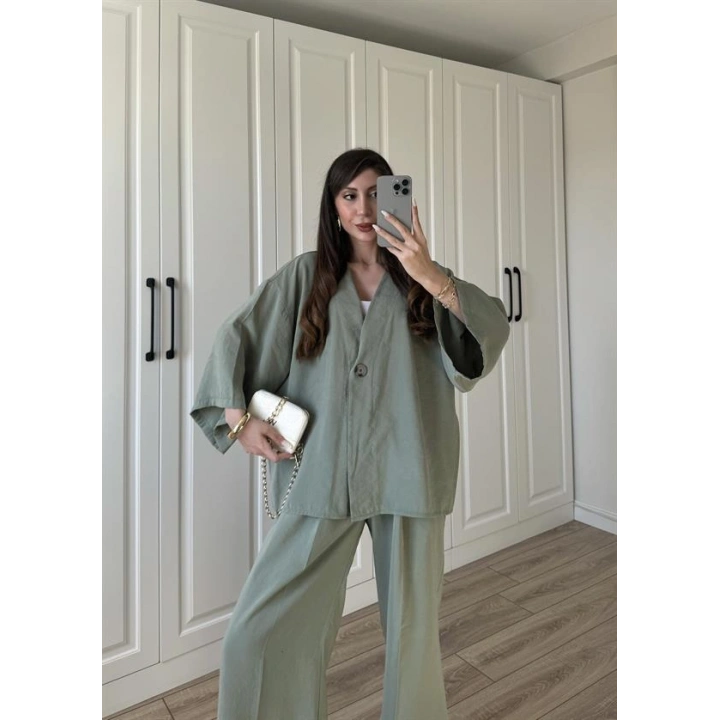 Tek Düğmeli Oversize Mint Yeşili Gömlek Takım