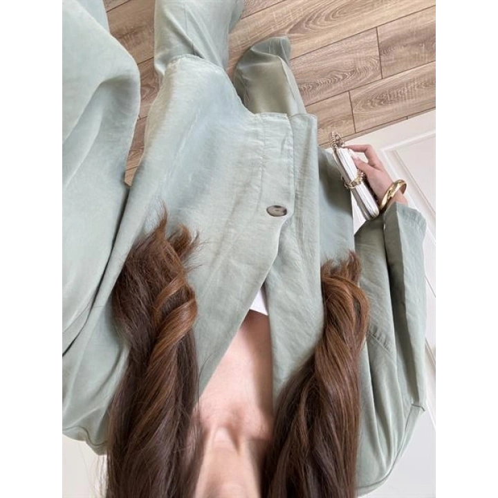 Tek Düğmeli Oversize Mint Yeşili Gömlek Takım