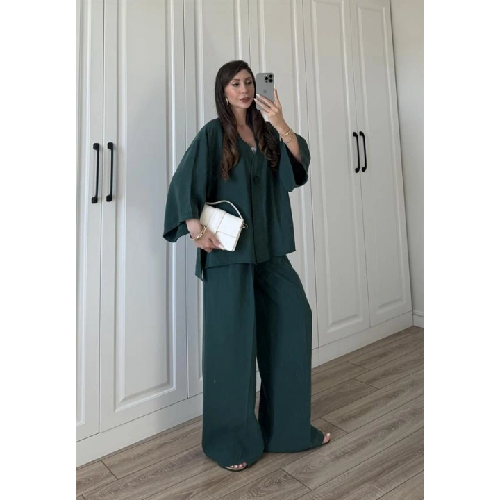 Tek Düğmeli Oversize Zümrüt Yeşili Gömlek Takım