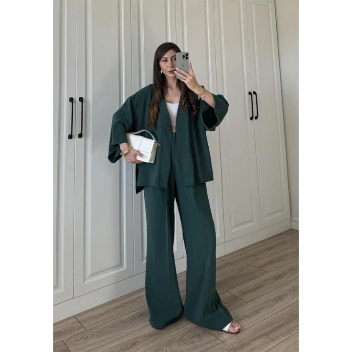 Tek Düğmeli Oversize Zümrüt Yeşili Gömlek Takım