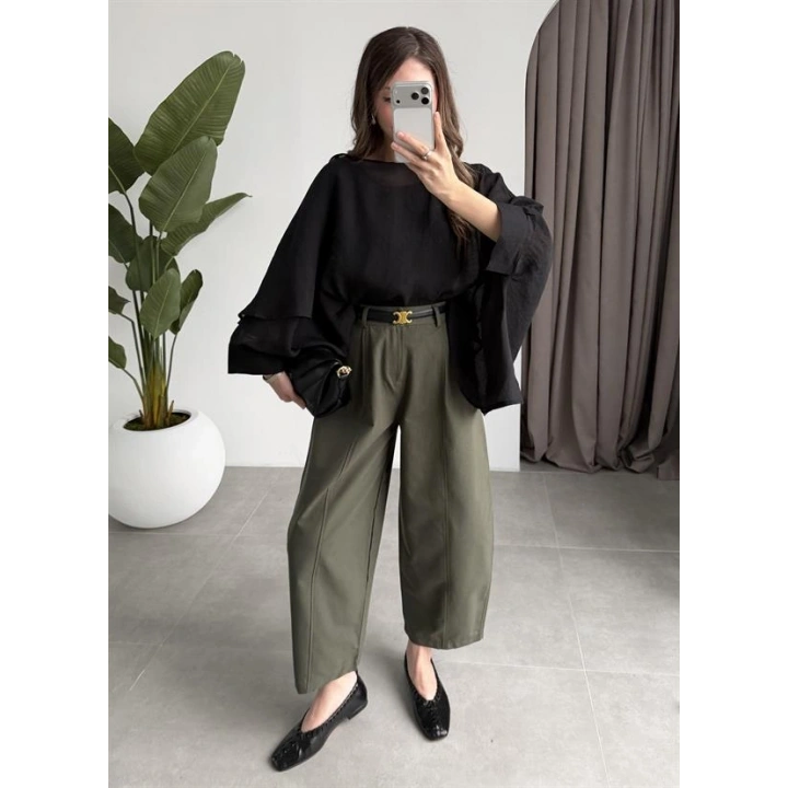 Tek Pileli Haki Şalvar Pantolon