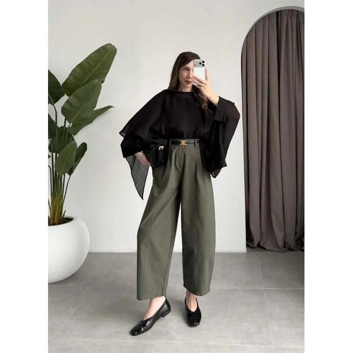 Tek Pileli Haki Şalvar Pantolon