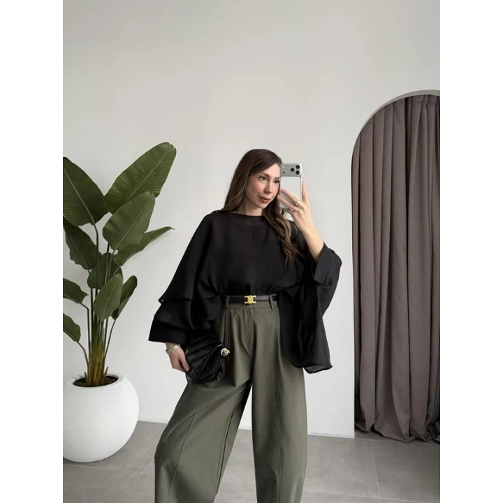 Tek Pileli Haki Şalvar Pantolon