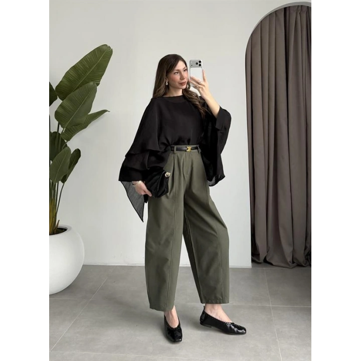 Tek Pileli Haki Şalvar Pantolon