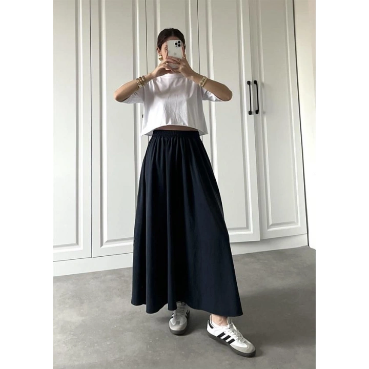 Tensel Beli Lastikli Lacivert Kilos Etek