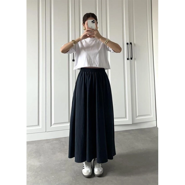 Tensel Beli Lastikli Lacivert Kilos Etek