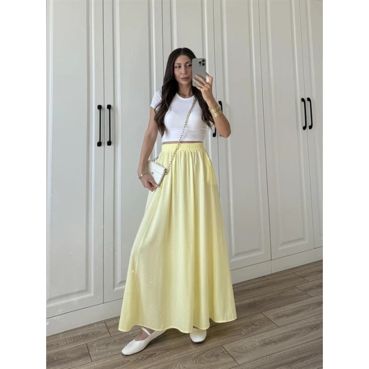 Tensel Beli Lastikli Sarı Kilos Etek