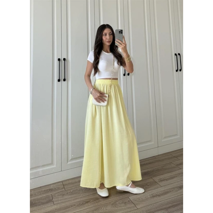Tensel Beli Lastikli Sarı Kilos Etek
