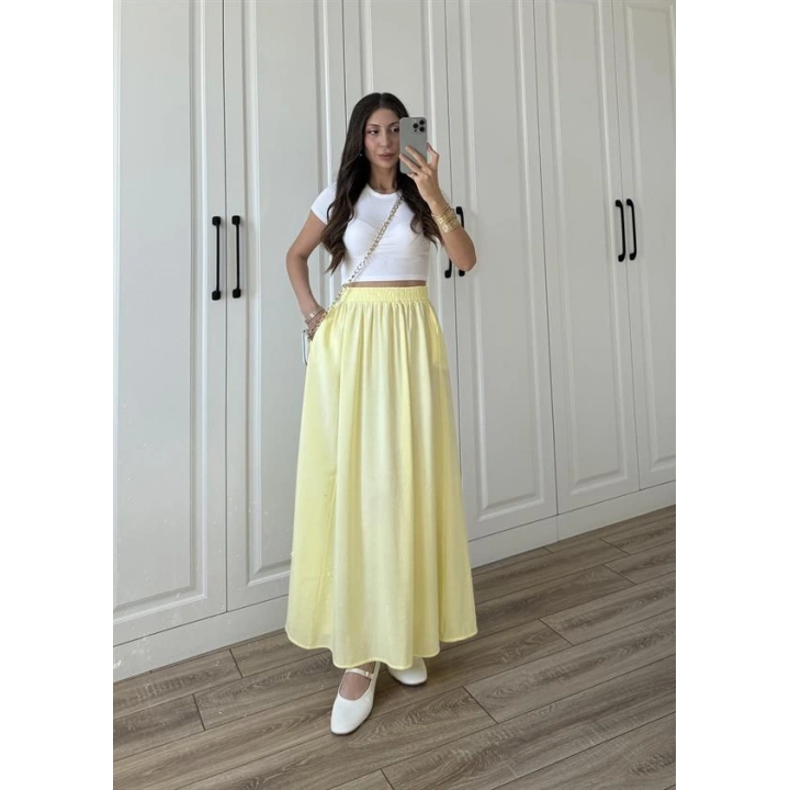 Tensel Beli Lastikli Sarı Kilos Etek
