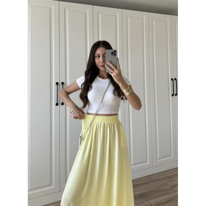 Tensel Beli Lastikli Sarı Kilos Etek