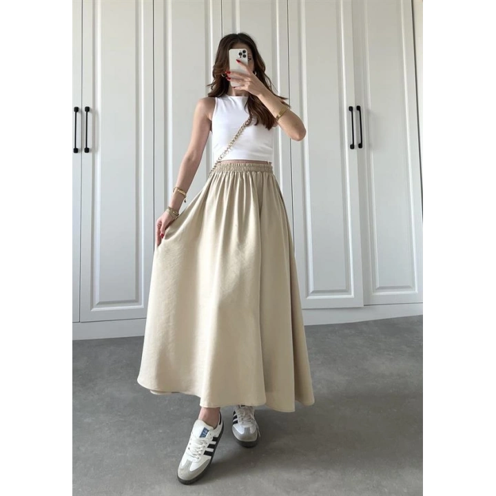 Tensel Beli Lastikli Taş Renk Kilos Etek