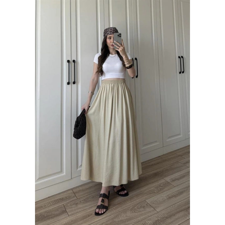 Tensel Beli Lastikli Taş Renk Kilos Etek