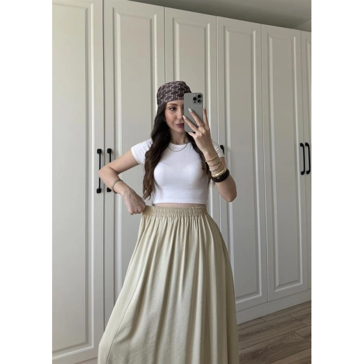 Tensel Beli Lastikli Taş Renk Kilos Etek