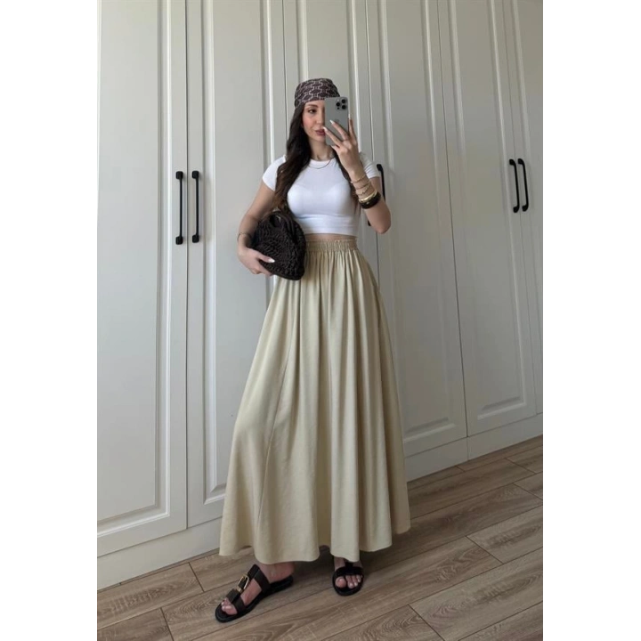 Tensel Beli Lastikli Taş Renk Kilos Etek