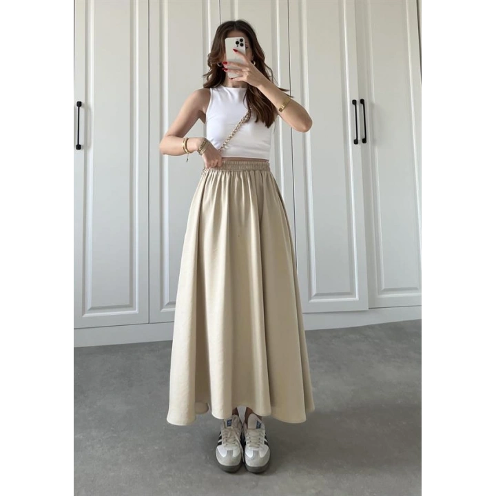 Tensel Beli Lastikli Taş Renk Kilos Etek