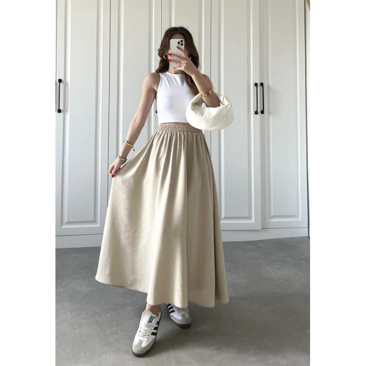 Tensel Beli Lastikli Taş Renk Kilos Etek