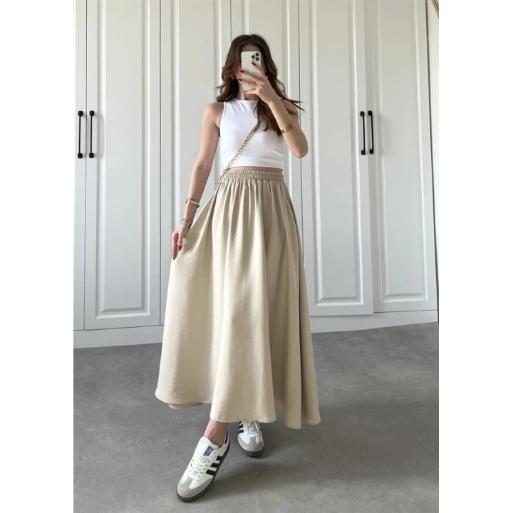 Tensel Beli Lastikli Taş Renk Kilos Etek