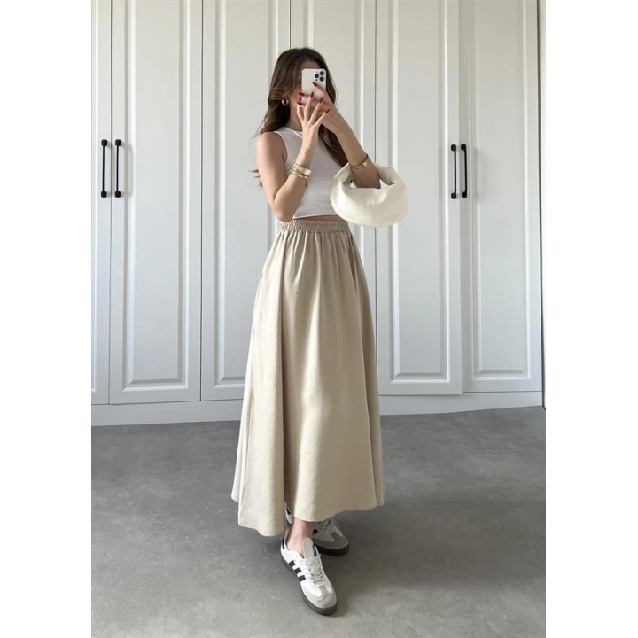 Tensel Beli Lastikli Taş Renk Kilos Etek