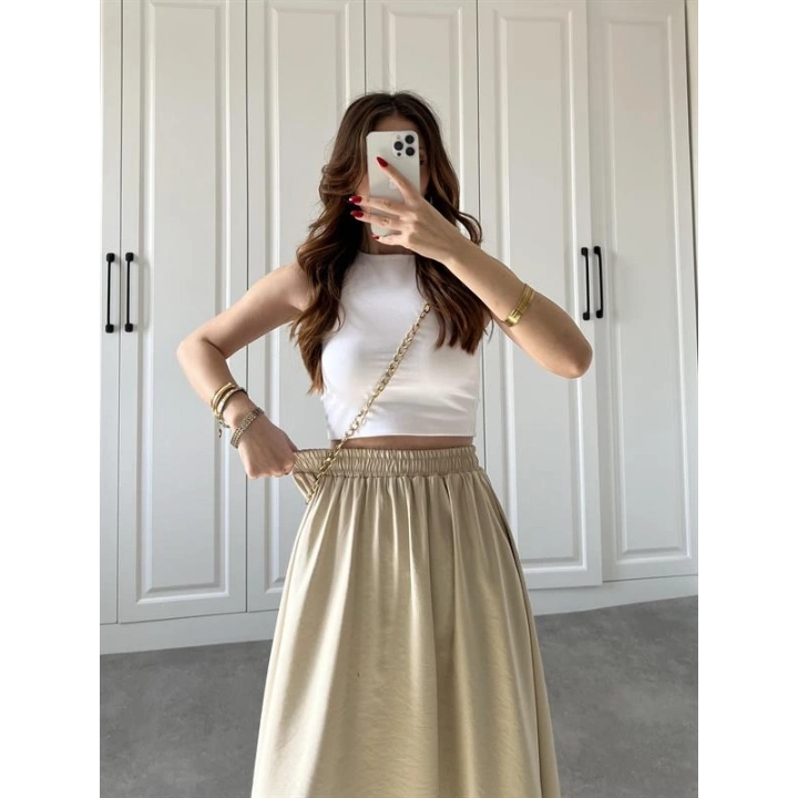 Tensel Beli Lastikli Taş Renk Kilos Etek