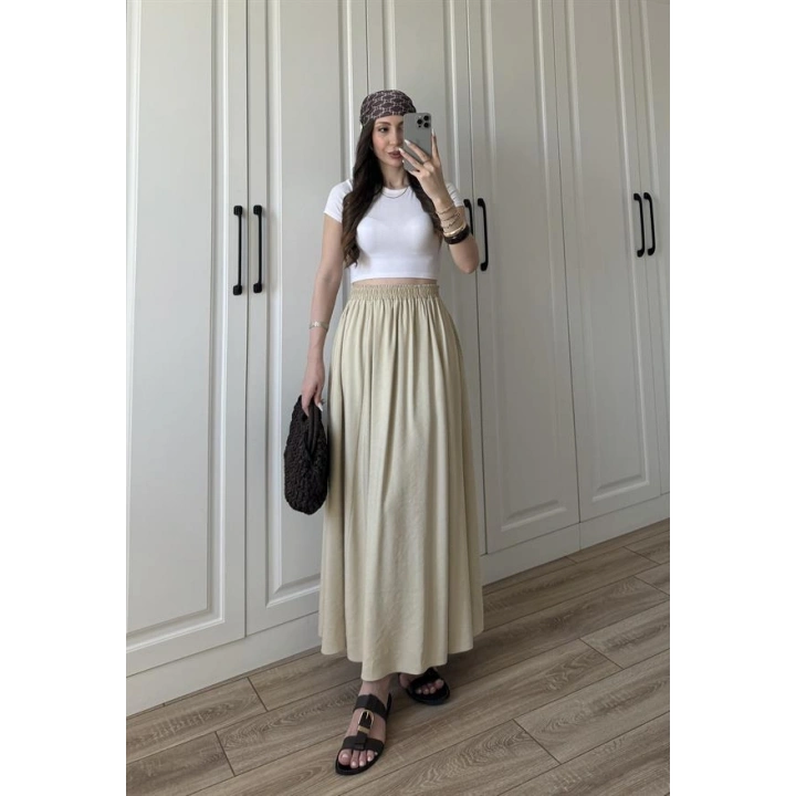 Tensel Beli Lastikli Taş Renk Kilos Etek