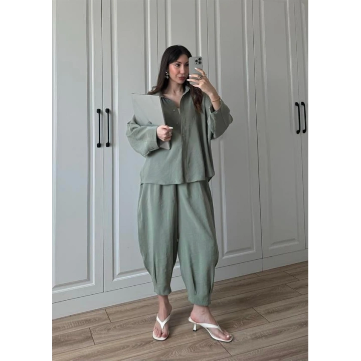 Tensel Kumaş Haki Şalvar Takım