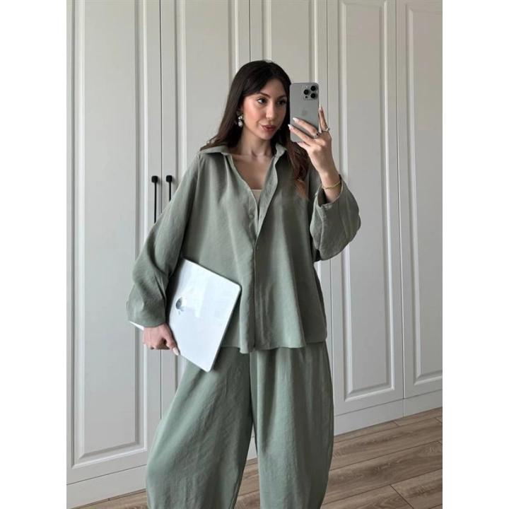 Tensel Kumaş Haki Şalvar Takım