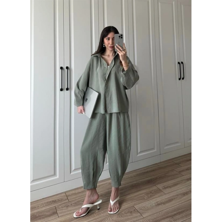 Tensel Kumaş Haki Şalvar Takım