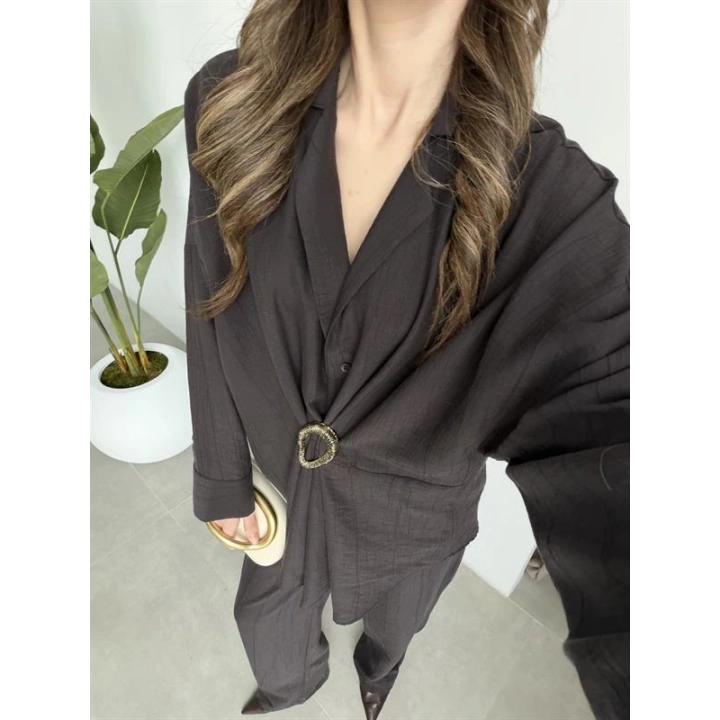 Tokalı İthal Kumaş Acı Kahve Gömlek Takım