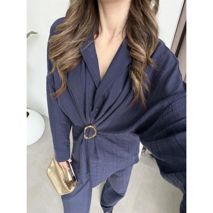 Tokalı İthal Kumaş Lacivert Gömlek Takım