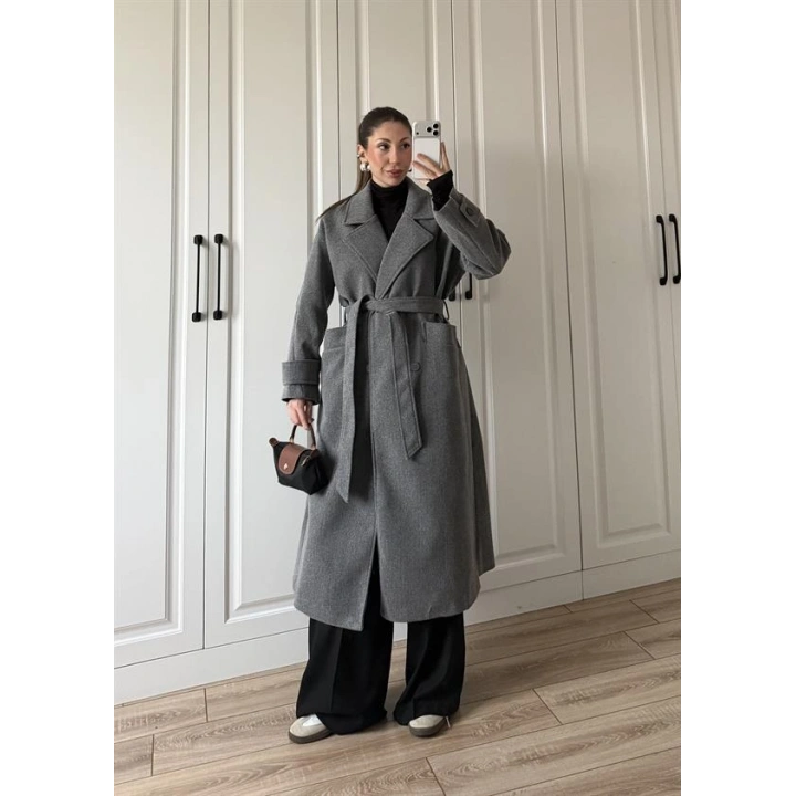 Tokyo Oversize Premium Kuşaklı Antrasit Yün Kaban