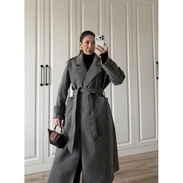 Tokyo Oversize Premium Kuşaklı Antrasit Yün Kaban