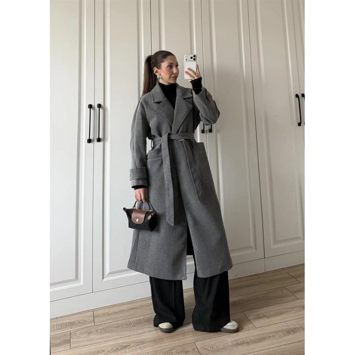 Tokyo Oversize Premium Kuşaklı Antrasit Yün Kaban