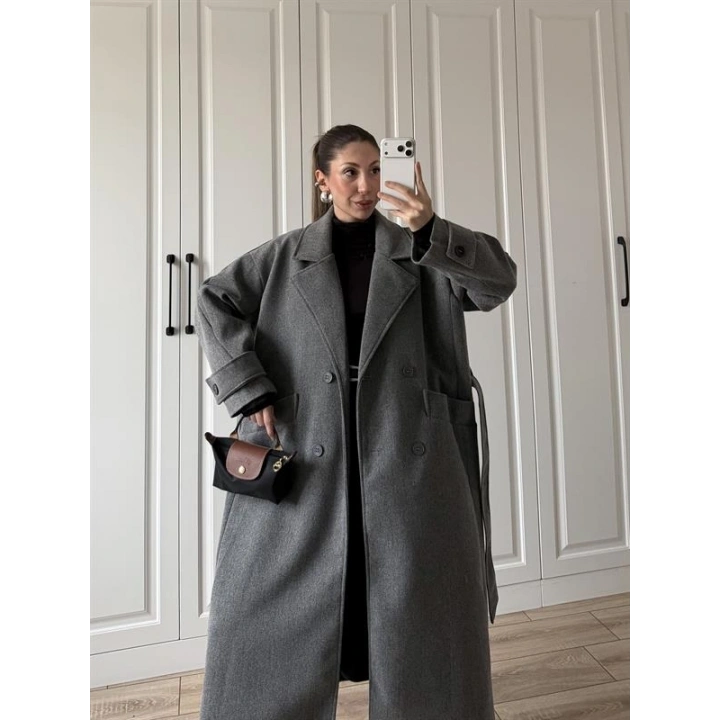 Tokyo Oversize Premium Kuşaklı Antrasit Yün Kaban