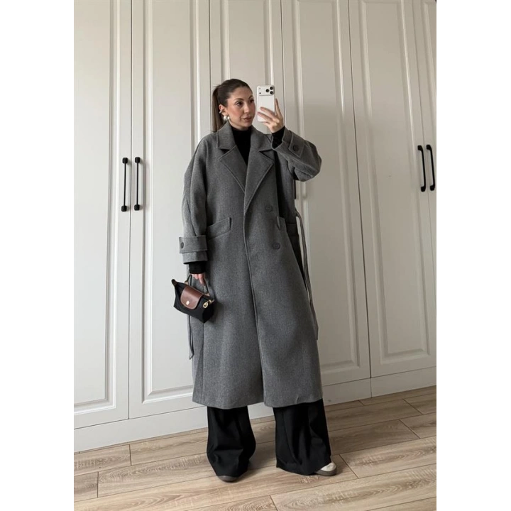 Tokyo Oversize Premium Kuşaklı Antrasit Yün Kaban