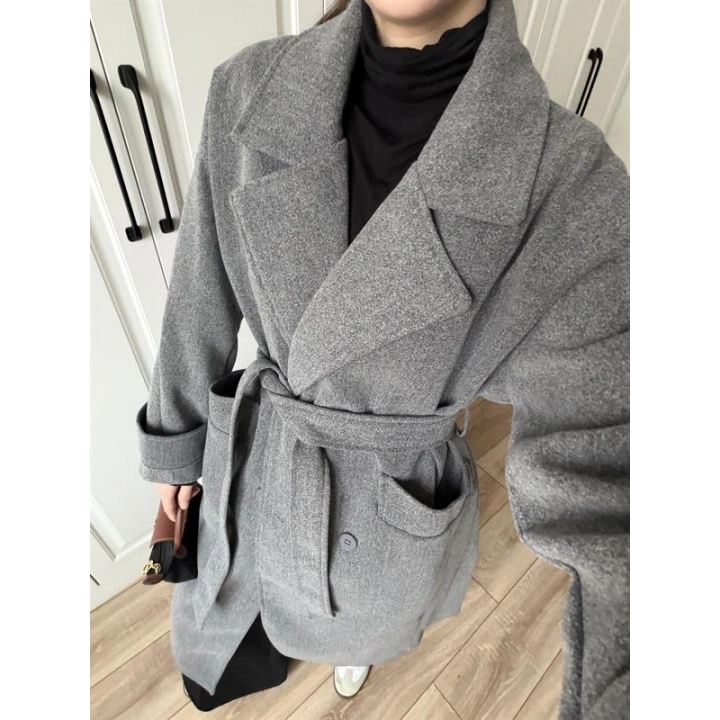 Tokyo Oversize Premium Kuşaklı Antrasit Yün Kaban