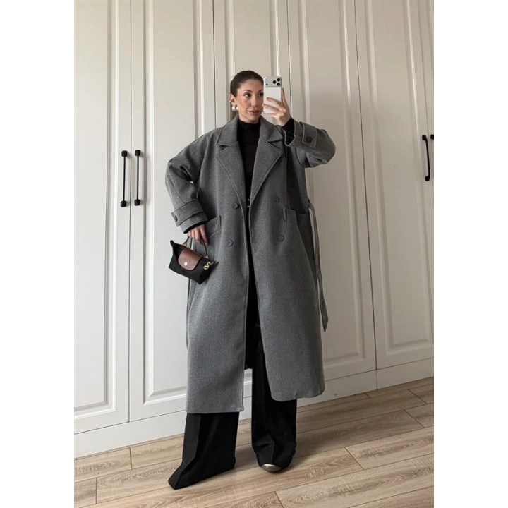 Tokyo Oversize Premium Kuşaklı Antrasit Yün Kaban