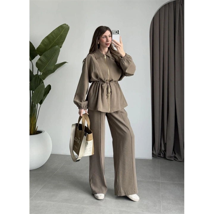 Tünelli Beli Büzgülü Premium Haki Takım