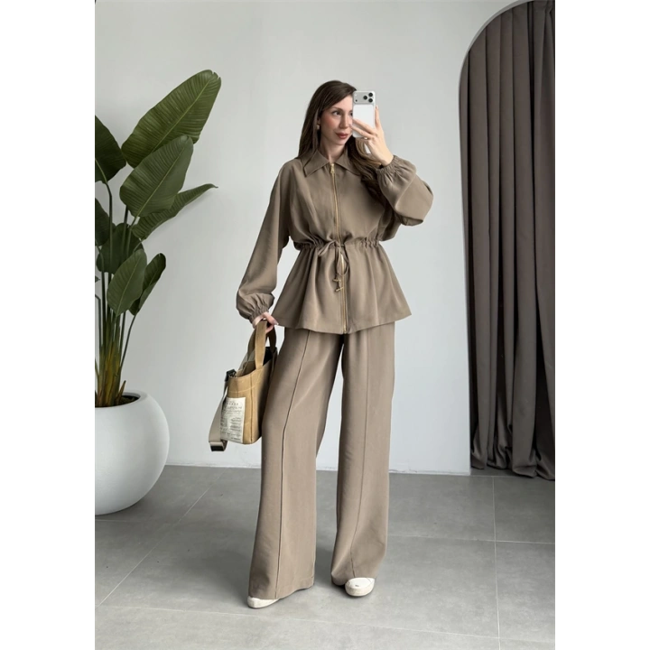 Tünelli Beli Büzgülü Premium Haki Takım