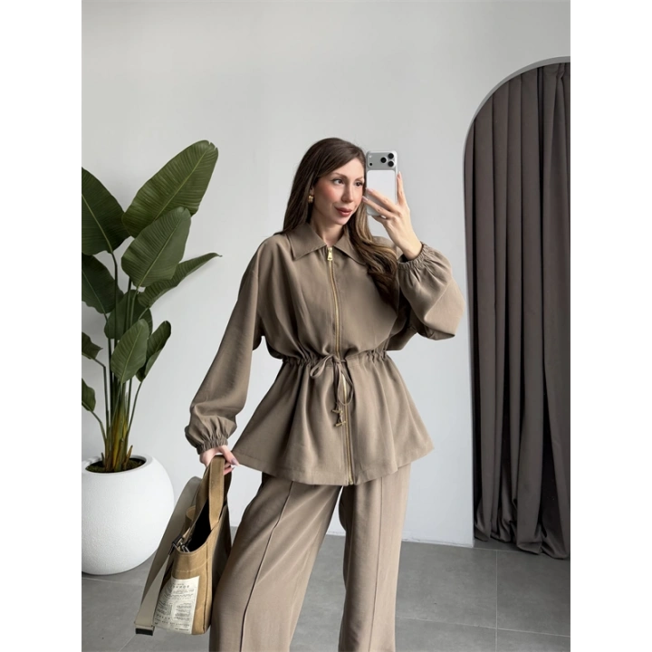 Tünelli Beli Büzgülü Premium Haki Takım